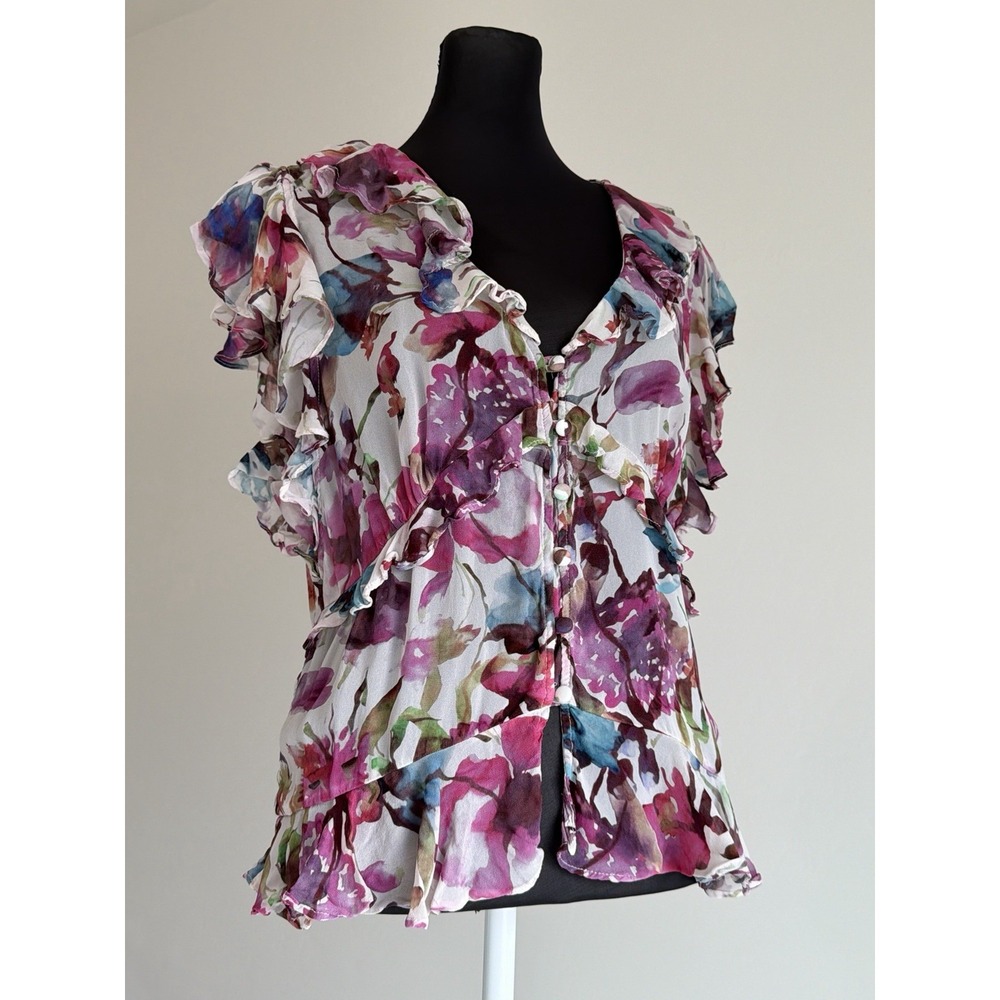 Jason Wu Flutter Sleeve Ruffle Top L Watercolor Floral V Neck Button Blouse
